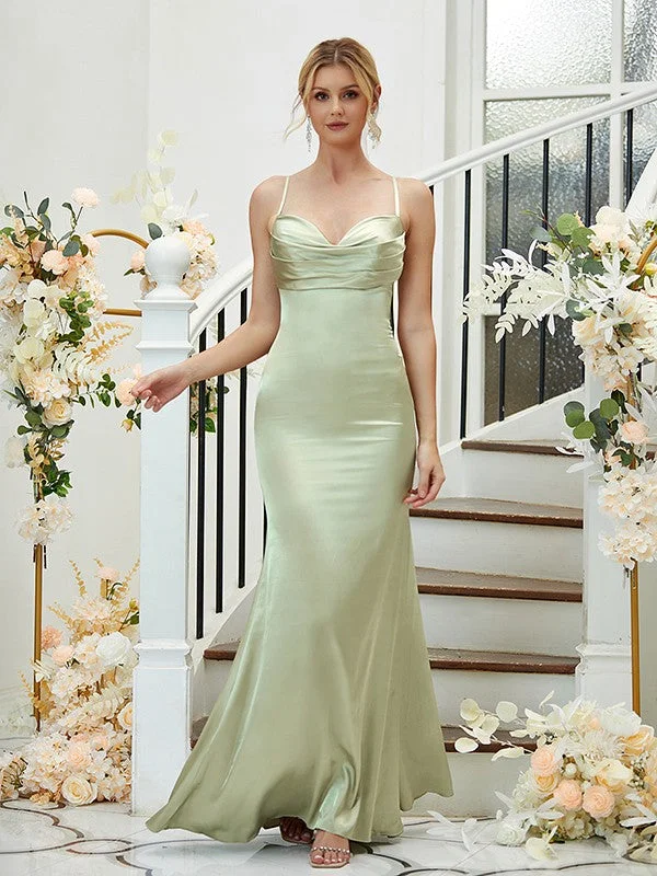 Sheath/Column Silk like Satin Ruched V-neck Sleeveless Floor-Length Bridesmaid Dresses Tiered unclassified dresses