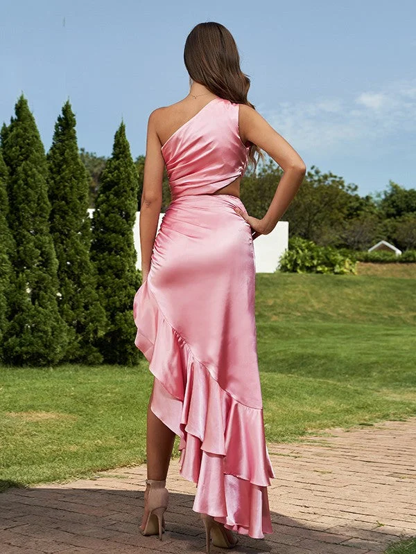 Sheath/Column Silk like Satin Ruffles One-Shoulder Sleeveless Floor-Length Bridesmaid Dresses Fall unclassified dresses