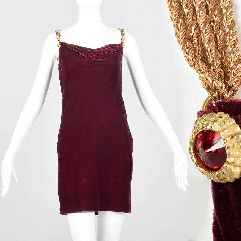 Small Anne Klein Late 1970s / Early 1980s Burgundy Velvet Dress One-shoulder unclassified dresses