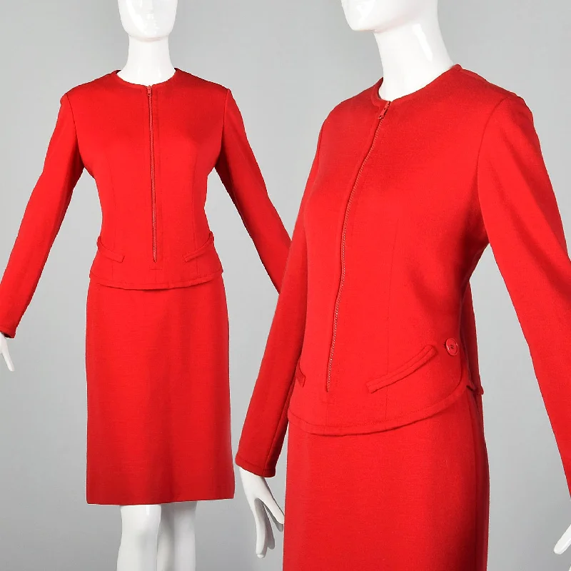 Small Bill Blass 1970s Red Wool Zip Front Dress Ruffled unclassified dresses