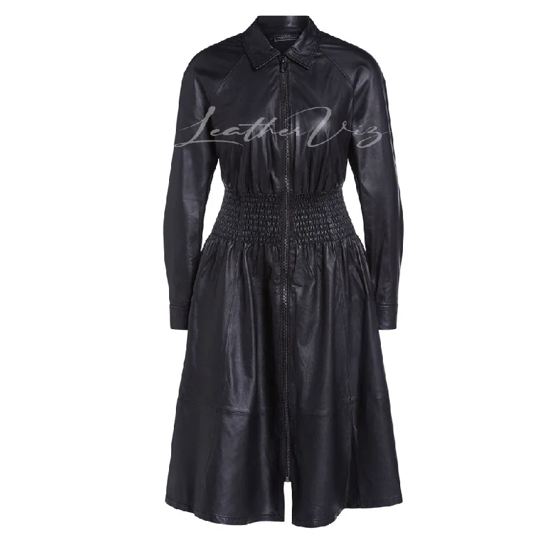 SMOCKED WAIST WOMEN LEATHER DRESS Satin unclassified dresses