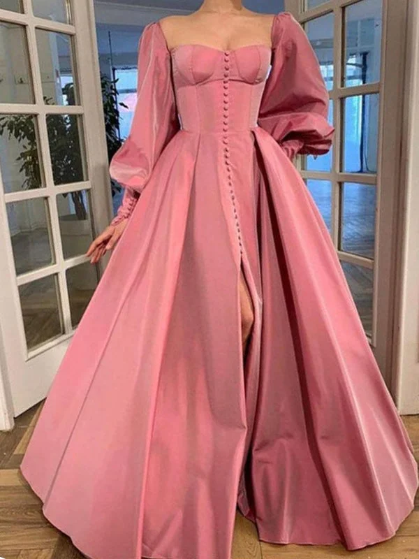 Square Nekline Classic Satin Prom Dresses, Bubble Sleeves Prom Dresses, 2021 Prom Dresses Neutral tone unclassified dresses