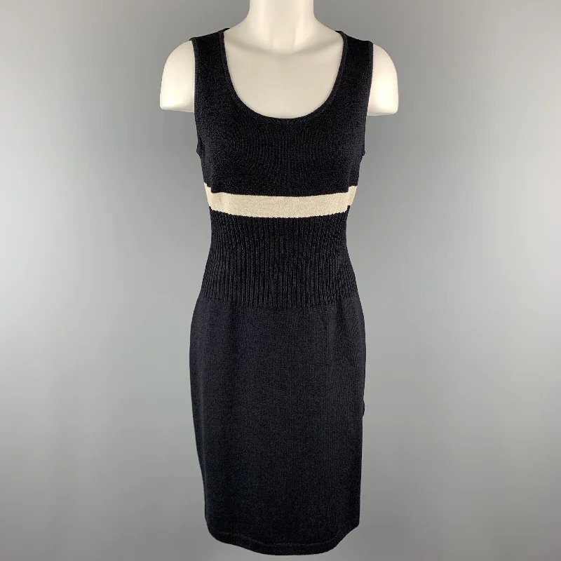 ST. JOHN Size S Black Wool/Rayon Knitted Striped Sleeveless Dress Stylish unclassified dresses