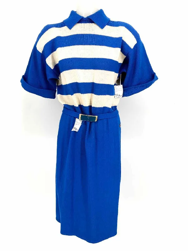 ST. JOHN Women's Blue Belted Knit Stripe Size 8 Dress Dark color unclassified dresses