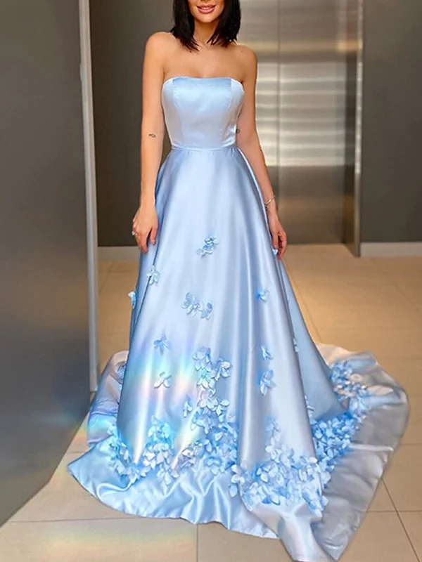 Strapless Light Blue Satin Floral Long Prom Dresses, Light Blue Formal Dresses with 3D Flowers, Light Blue Evening Dresses SP2190 Party floral dresses