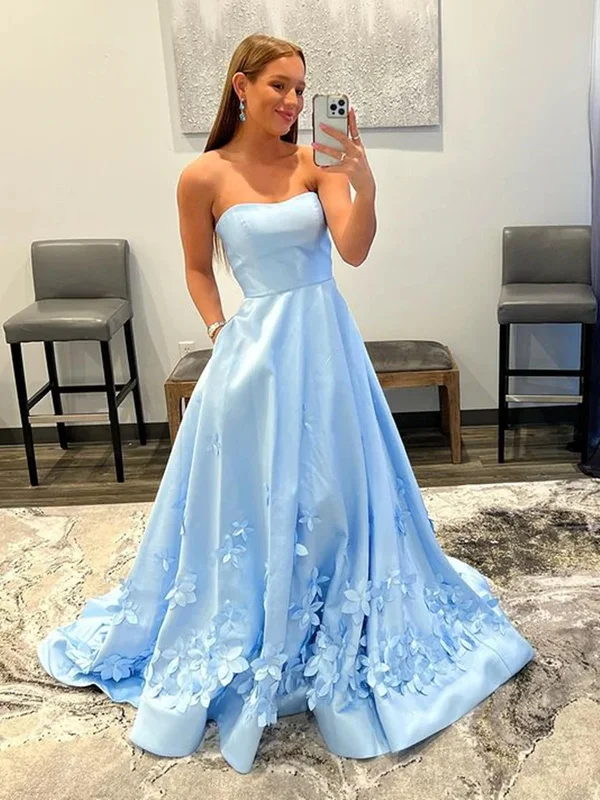 Strapless Light Blue Satin Long Prom Dresses with 3D Flowers, Long Light Blue Floral Formal Graduation Evening Dresses SP2365 Urban Outfitters floral dresses