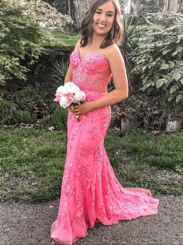 Strapless Mermaid Hot Pink Lace Floral Long Prom Dresses, Mermaid Hot Pink Formal Dresses, Hot Pink Lace Evening Dresses SP2115 Tiered floral dresses