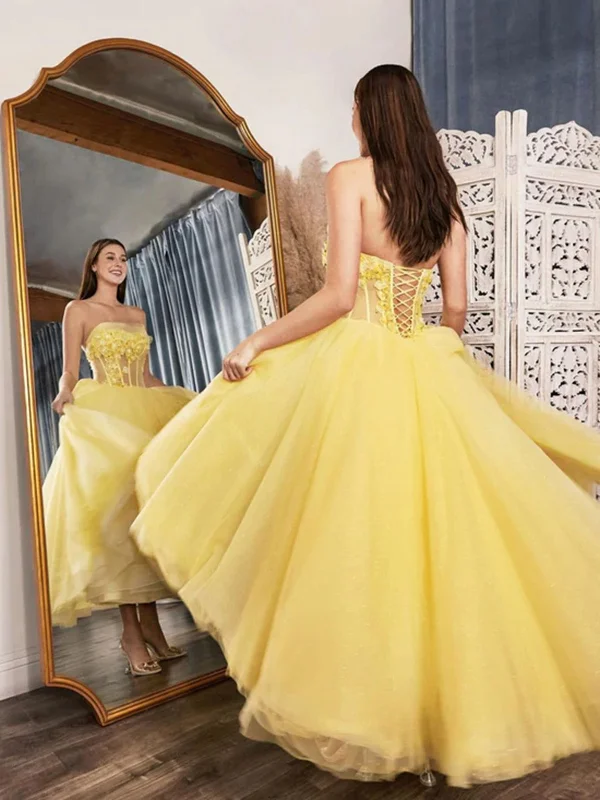 Strapless Yellow Lace Floral Tea Length Prom Dresses, Yellow Lace Formal Dresses, Tea Length Yellow Evening Dresses SP2375 Garden party floral dresses