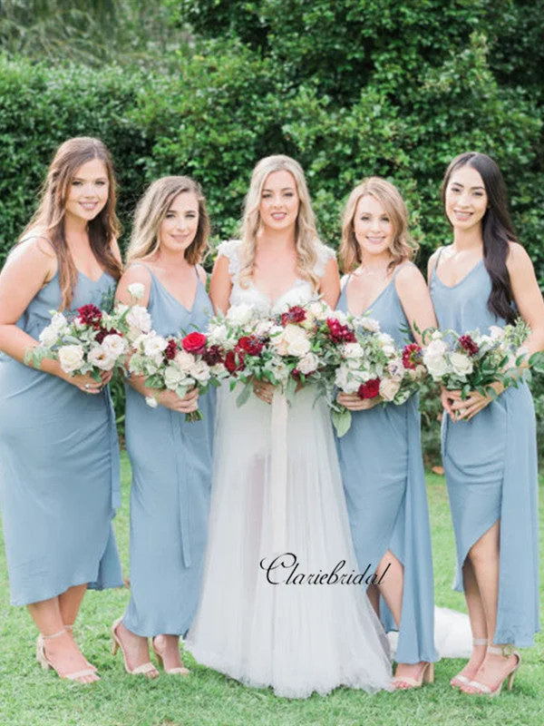 Straps Blue Slit Bridesmaid Dresses, Good Price Bridesmaid Dresses Floral unclassified dresses