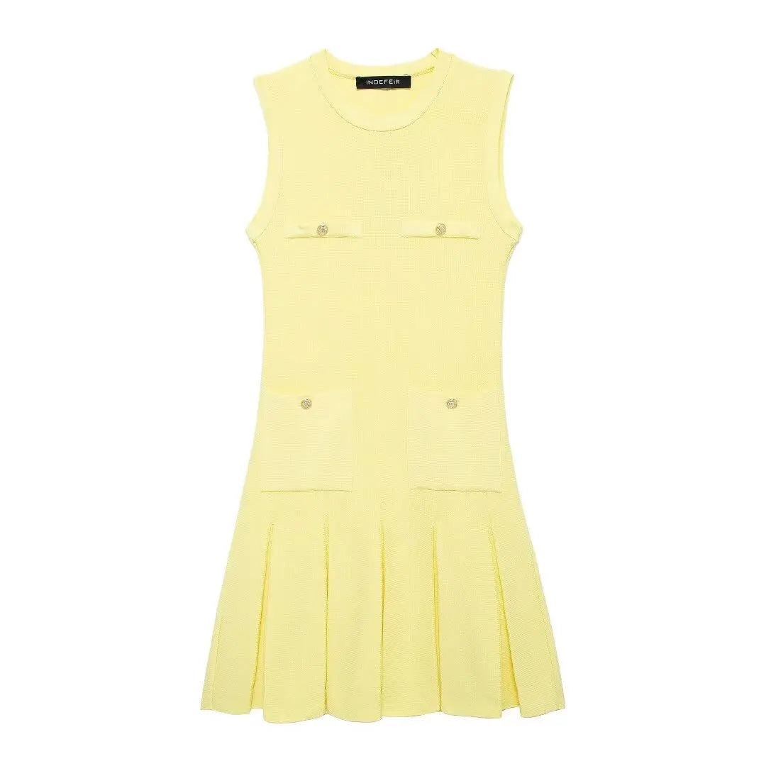 Summer O-Neck Sleeveless Pale Yellow Knitted Dress Printed unclassified dresses