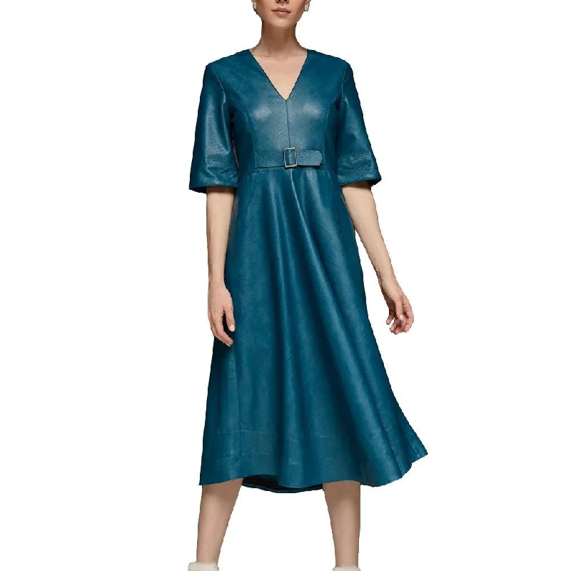 Teal V Neck Flared Leather Dress High-end unclassified dresses