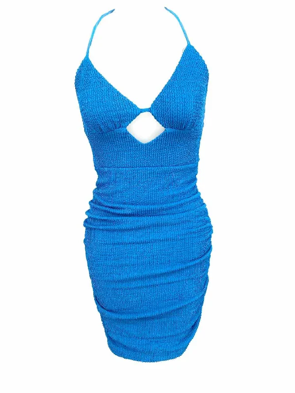 thatssofetch Women's Blue Textured Halter Polyester Ruched Size 4 Dress Winter unclassified dresses