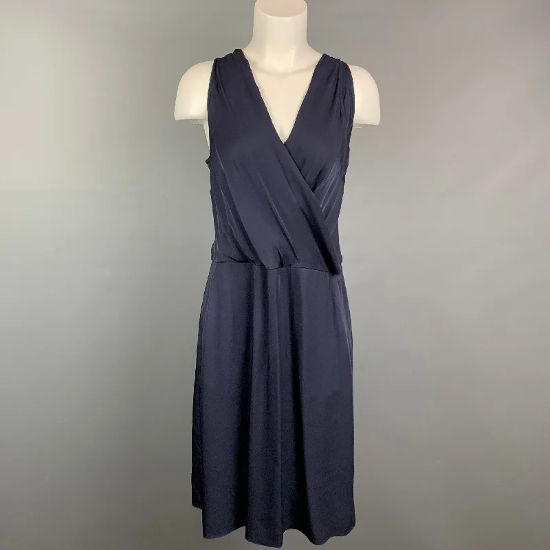 THEORY Size 12 Navy Silk Faux Wrap Sleeveless Dress Tiered unclassified dresses