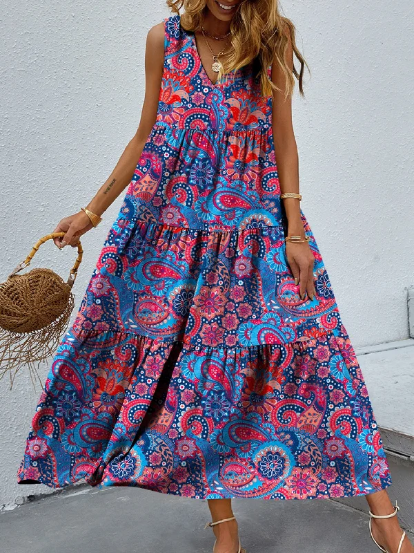 Tiered Printed V-Neck Sleeveless Dress Spring floral dresses