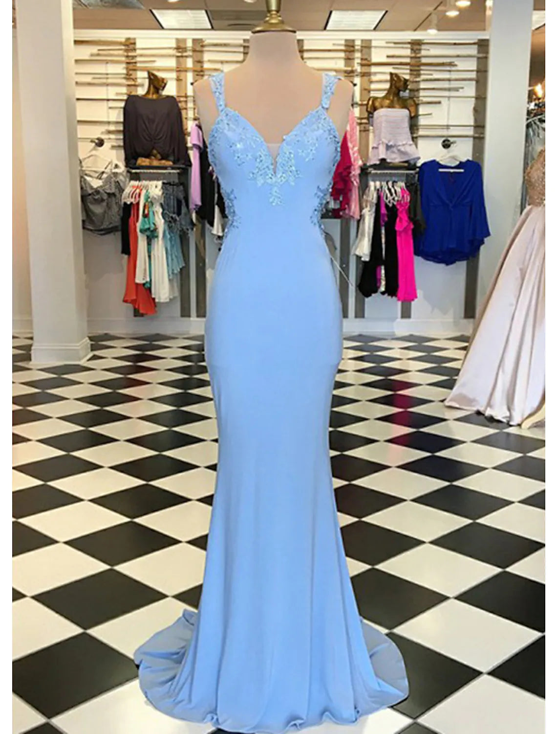 Trumpet/Mermaid Scalloped Neck Sleeveless Sweep Train  Satin Prom Dress With Appliqued Y2K unclassified dresses