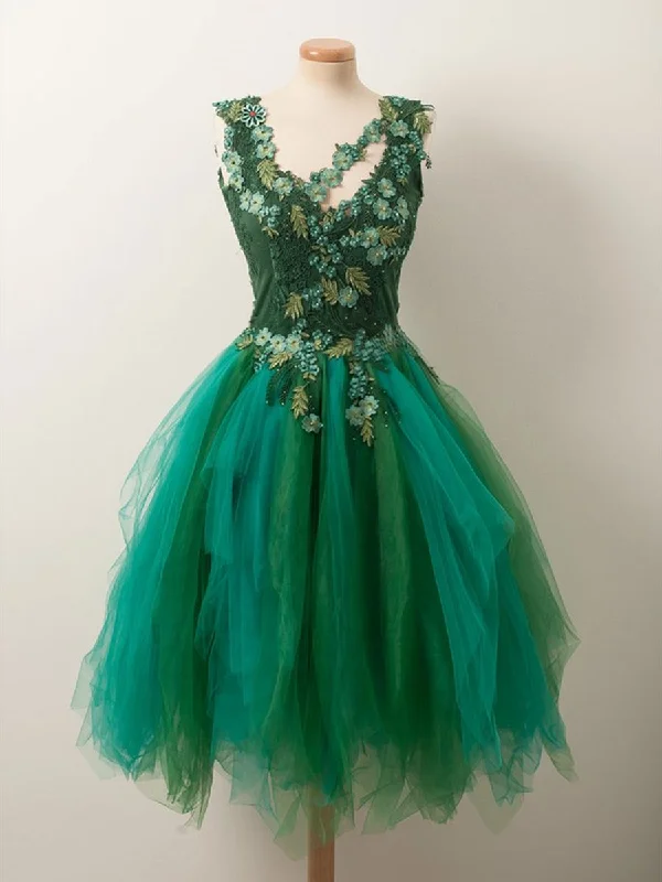 Unique Beaded Floral Short Green Lace Prom Dresses, Fluffy Green Lace Formal Graduation Homecoming Dresses Best floral dresses for beach vacations