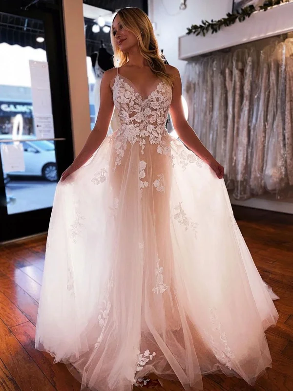 V Neck Backless Champagne Lace Floral Long Prom Dresses, Champagne Lace Formal Dresses, Champagne Evening Dresses SP2111 Floral dresses under $100