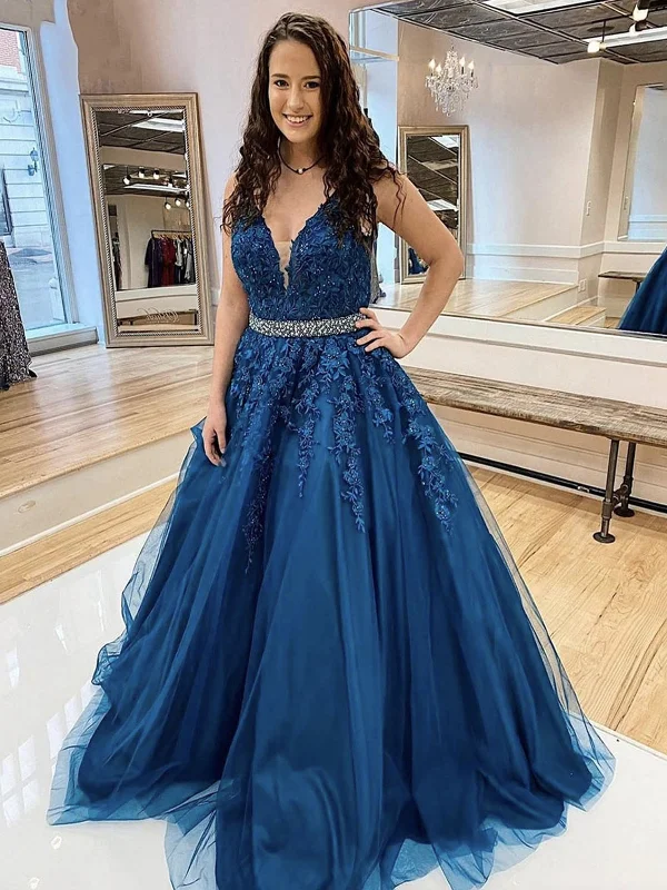 V Neck Beaded Blue Lace Floral Long Prom Dresses, Blue Lace Formal Evening Dresses with Appliques SP2212 Velvet floral dresses