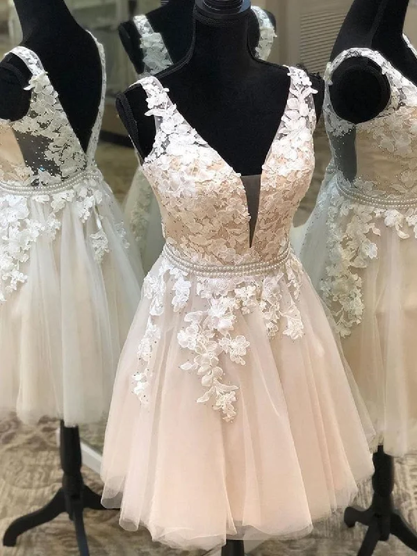 V Neck Light Champagne Lace Floral Short Prom Dresses, Light Champagne Lace Formal Graduation Homecoming Dresses Smocked floral dresses