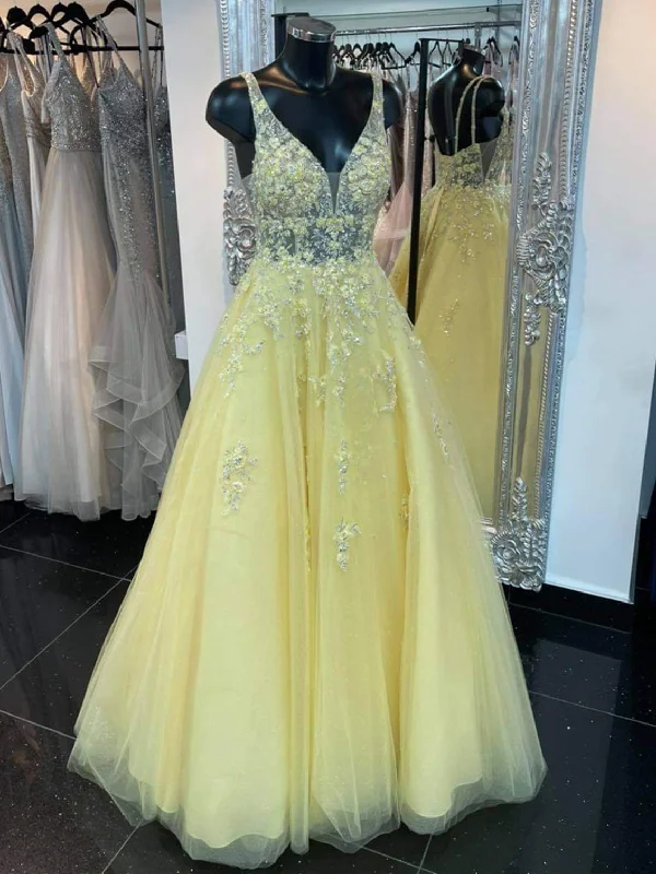 V Neck Open Back Yellow Lace Floral Long Prom Dresses, Yellow Lace Floral Formal Dresses, 3D Flowers Yellow Evening Dresses SP2151 Party floral dresses