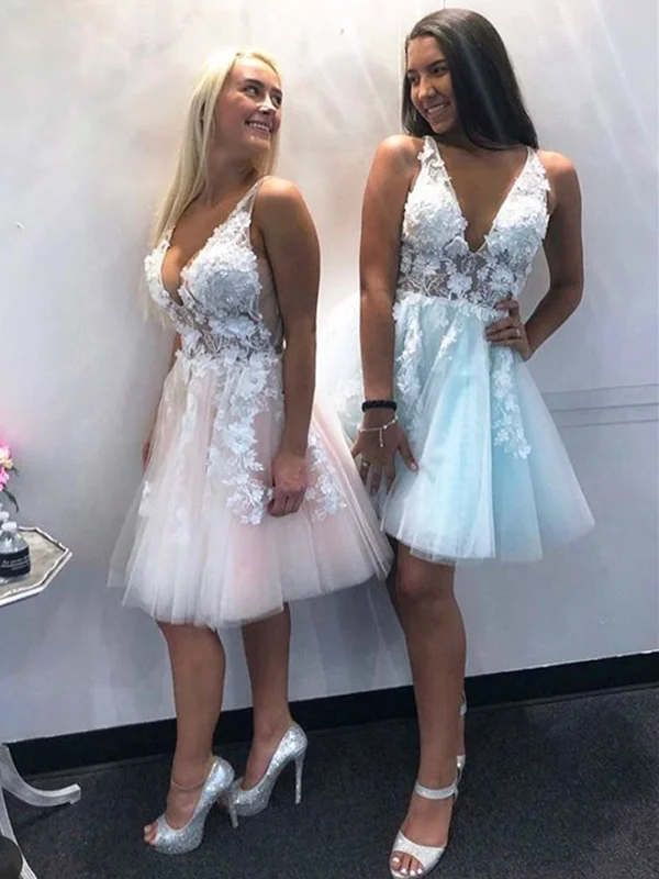 V Neck Pink Blue Lace Floral Short Prom Dresses, Short Pink Blue Lace Formal Evening Homecoming Dresses Vacation floral dresses