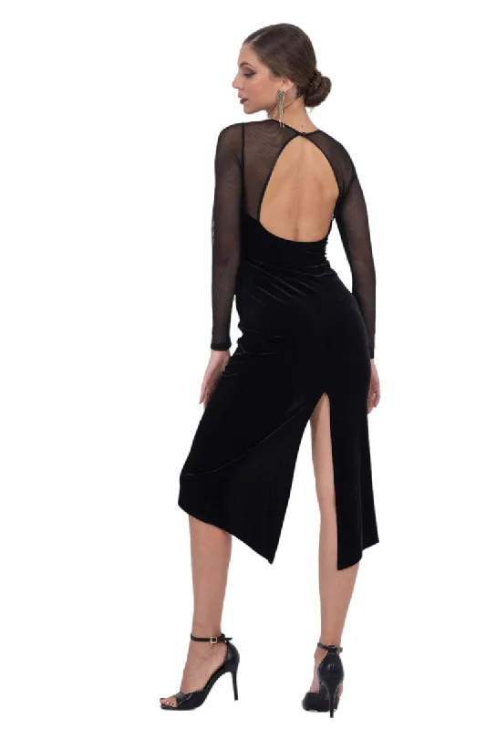 Velvet Open Back Tango Dress With Mesh Décolletage & Sleeves Denim unclassified dresses