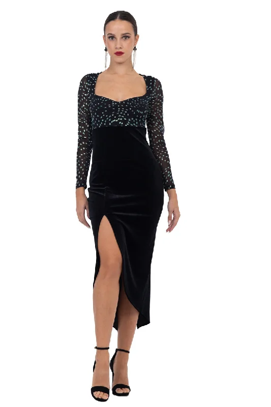 Velvet Dress With Sparkling Mesh & Curved Slit Elegant unclassified dresses