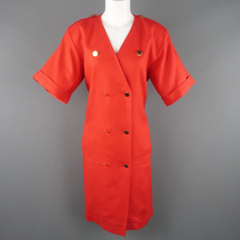 Vintage YVES SAINT LAURENT Size 14 Red Linen Double Breasted  Dress Chic unclassified dresses