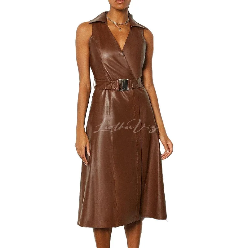 WRAP STYLE CORPORATE WEAR BELTED LEATHER DRESS Elegant unclassified dresses