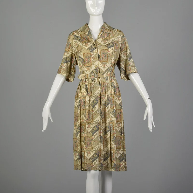 XXL 1950s Ivory Printed Cotton Day Dress Best floral dresses for tall women