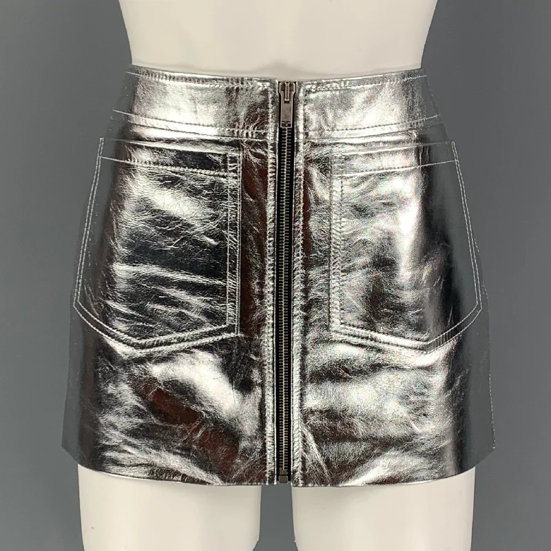 SAINT LAURENT 2022 Size 4 Silver Leather High Waist Mini Skirt Casual Skater Skirt