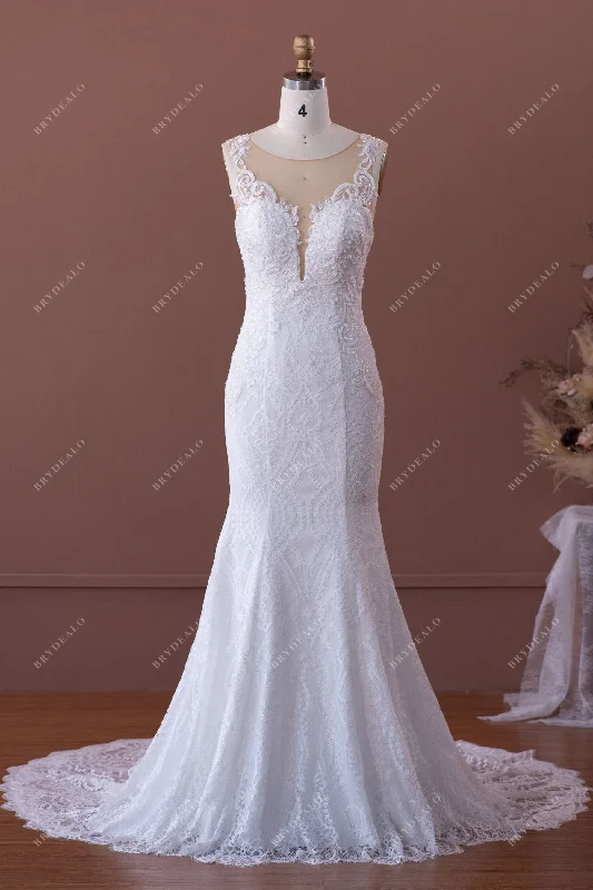 Beaded Lace Illusion Neck Mermaid Wedding Dress Lace Dress Deep V