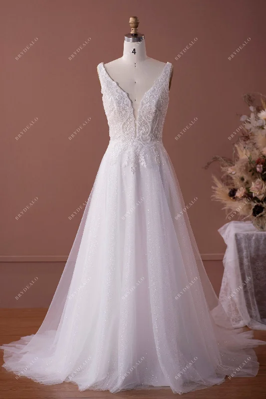 Beaded Lace Plunging Shimmery Sequined A-line Wedding Dress Lace Dress Glamour