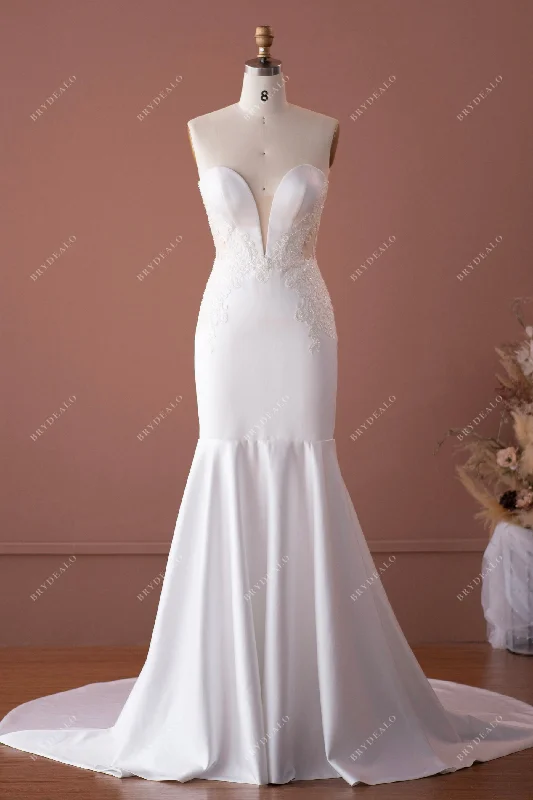 Beaded Lace Satin Strapless Plunging Mermaid Wedding Dress Lace Overlay Dress