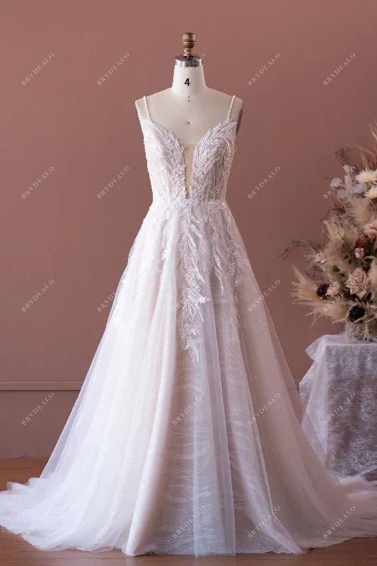 Beaded Strap Plunging Shimmery Lace A-line Wedding Dress Lace Party Gown