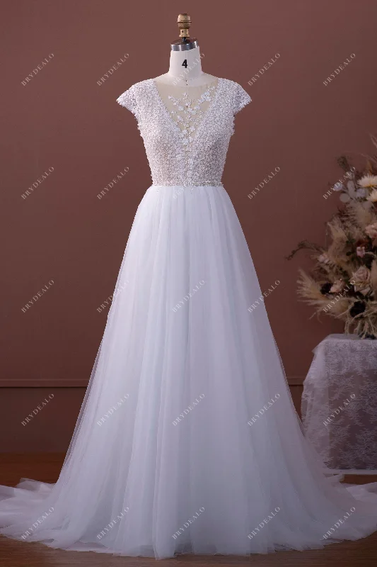 Cap Sleeve Illusion Floral Lace Tulle Bridal Gown Lace Bodycon Dress