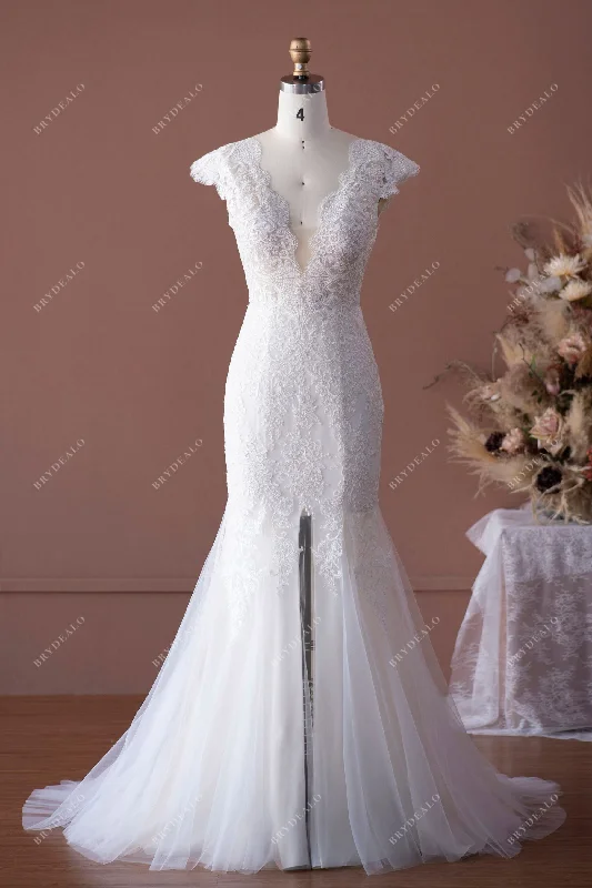 Cap Sleeve Scallop Lace Neck Fit Flare Wedding Dress with High Slit Lace Dress Twirl