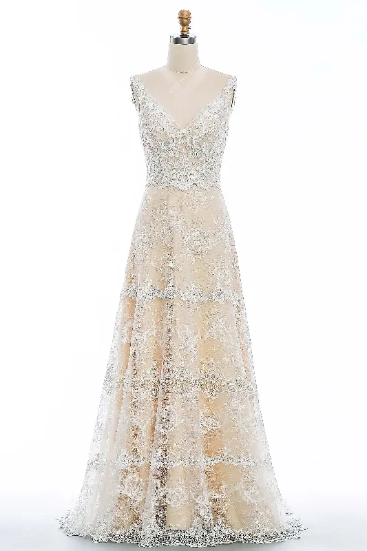 Champagne Floral Lace Straps Wedding Dress Lace Dress for Women