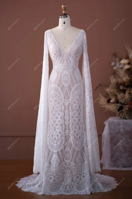 Elegant Lace Dramatic Sleeve Boho Wedding Gown Off-shoulder Lace Dress