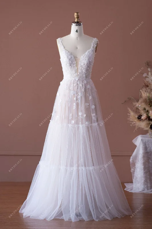 Fairy Flower Lace Tiered A-line Wedding Dress Full Lace Dress