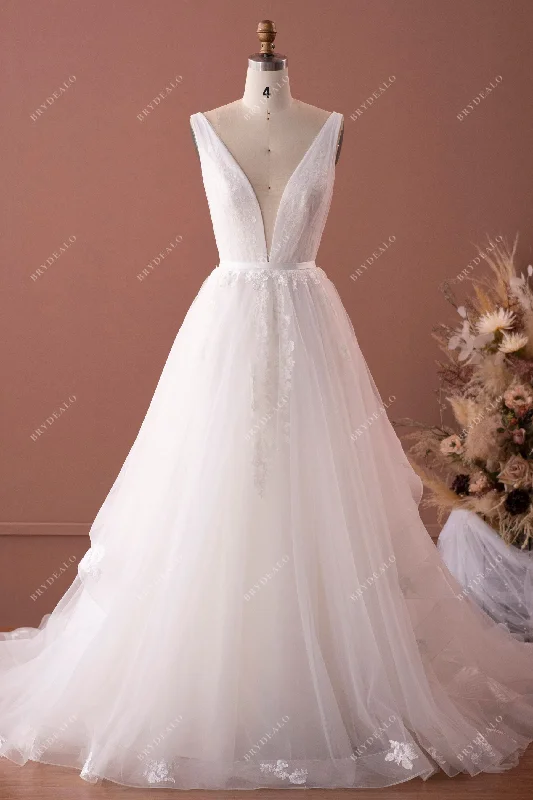 Floral Lace V-back 2-tier Long Train Bridal Dress Lace Dress Trendy