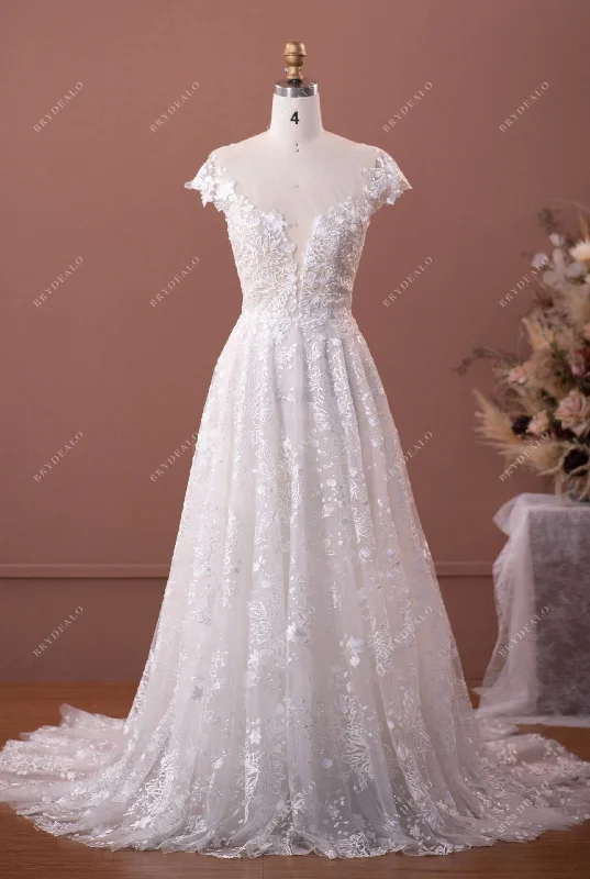 Flower Lace Illusion Neck A-line Boho Bridal Gown Lace Gown Glam