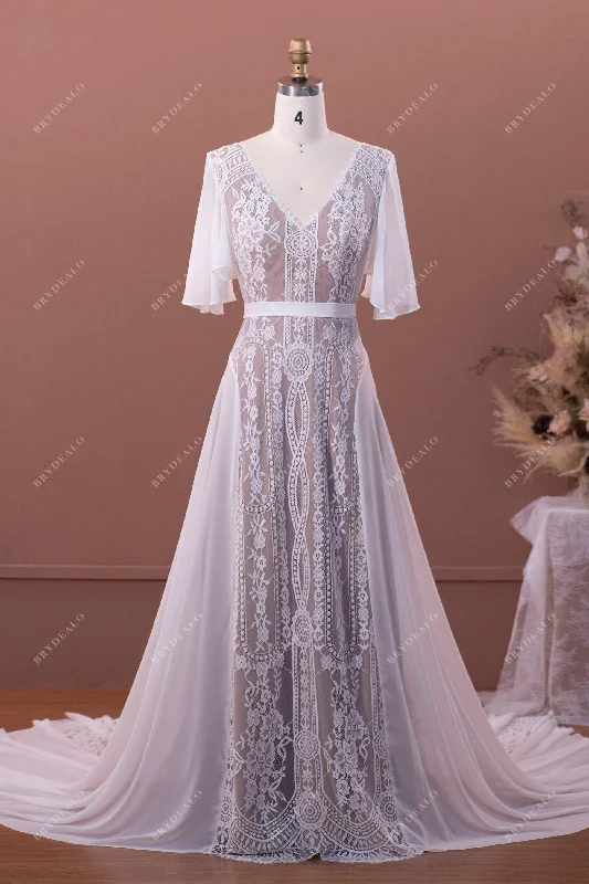 Flutter Sleeve Flowy Lace Chiffon Boho Wedding Dress Lace Dress Lace