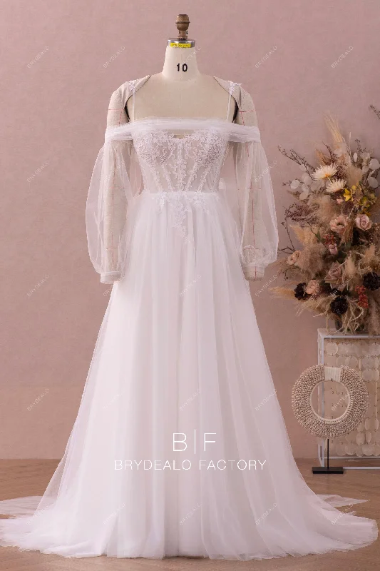 Illusion Corset Lace Tulle Wedding Dress with Detachable Sleeves Lace Dress Twirl