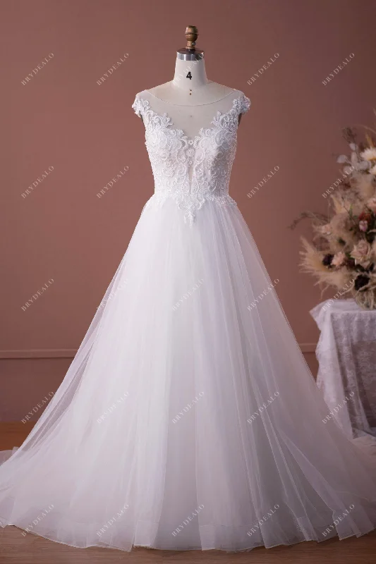 Illusion Neck Cap Sleeve Lace Tulle A-line Wedding Dress Lace Dress Party