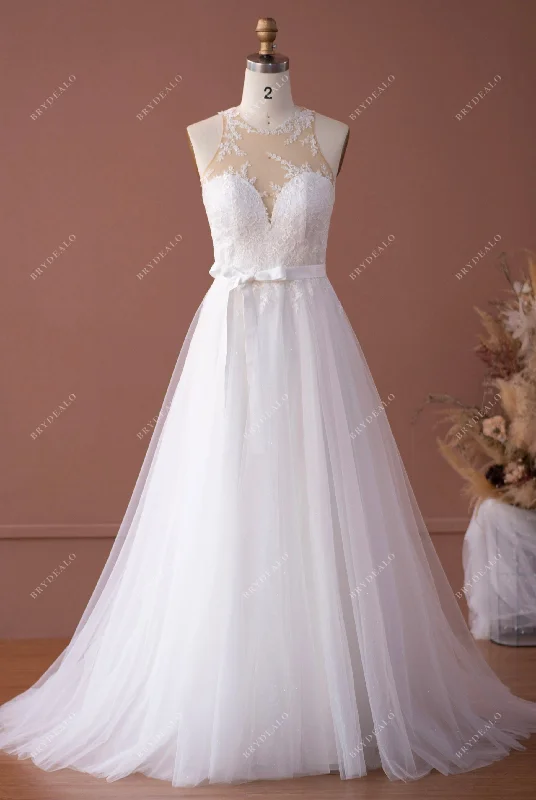 Illusion Neck Flower Lace Tulle A-line Wedding Dress Lace Wedding Gown