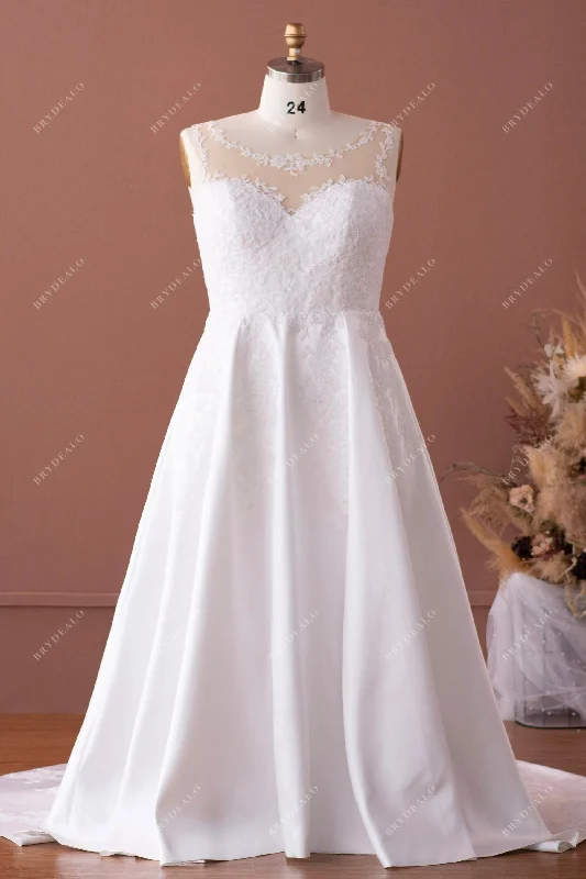 Illusion Neck Lace Satin Plus Size Wedding Dress with Pockets Lace Skater Dress