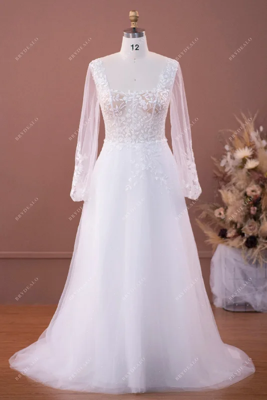 Illusion Long Sleeve Lace Shimmery Tulle Wedding Dress Lace Dress Glam