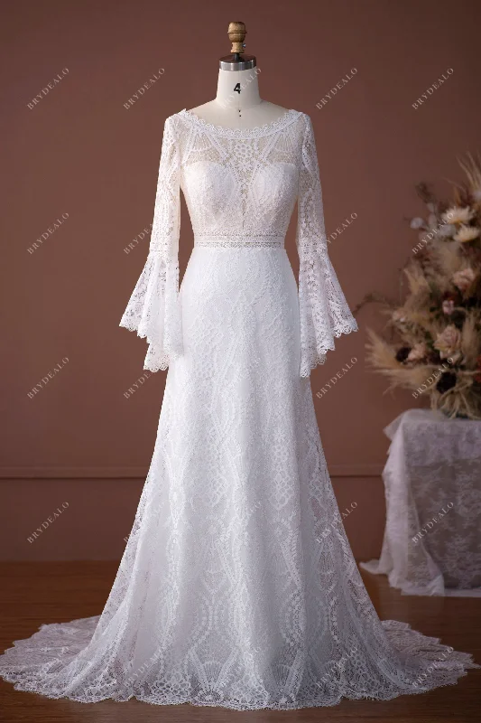 Lace Bell Sleeves Illusion Scalloped Bridal Dress Lace Shift Dress