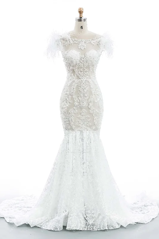 Lace Pearls Feather Sheer Mermaid Wedding Dress Lace Detail Gown